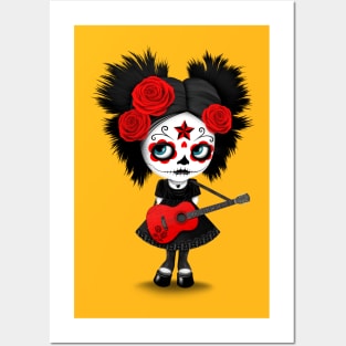 Red Sugar Skull Big Eyed Girl Playing the Guitar Posters and Art